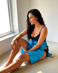 Linsori Turquoise Satin Lace Chemise Piece Plus Size - Lifestyle view