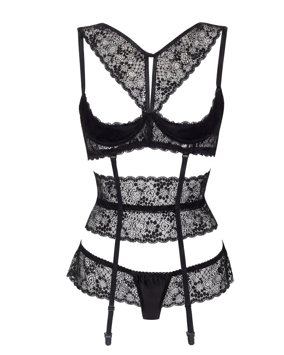 Linsori Noir Open Lace Suspender Set Plus Size - White background view