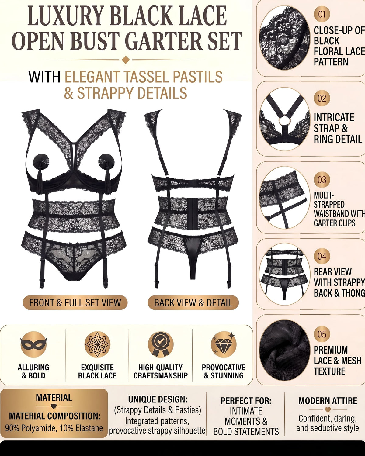 Linsori Noir Open Lace Suspender Set Plus Size -  Product detail view