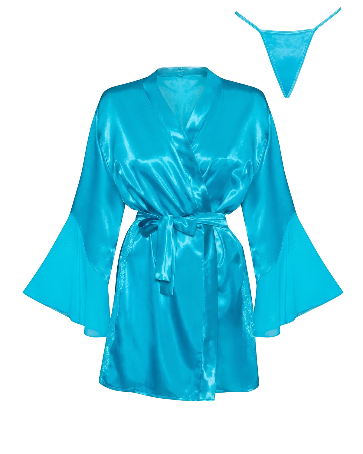 Linsori Turquoise Satin Flared Sleeve Peignoir - white background view