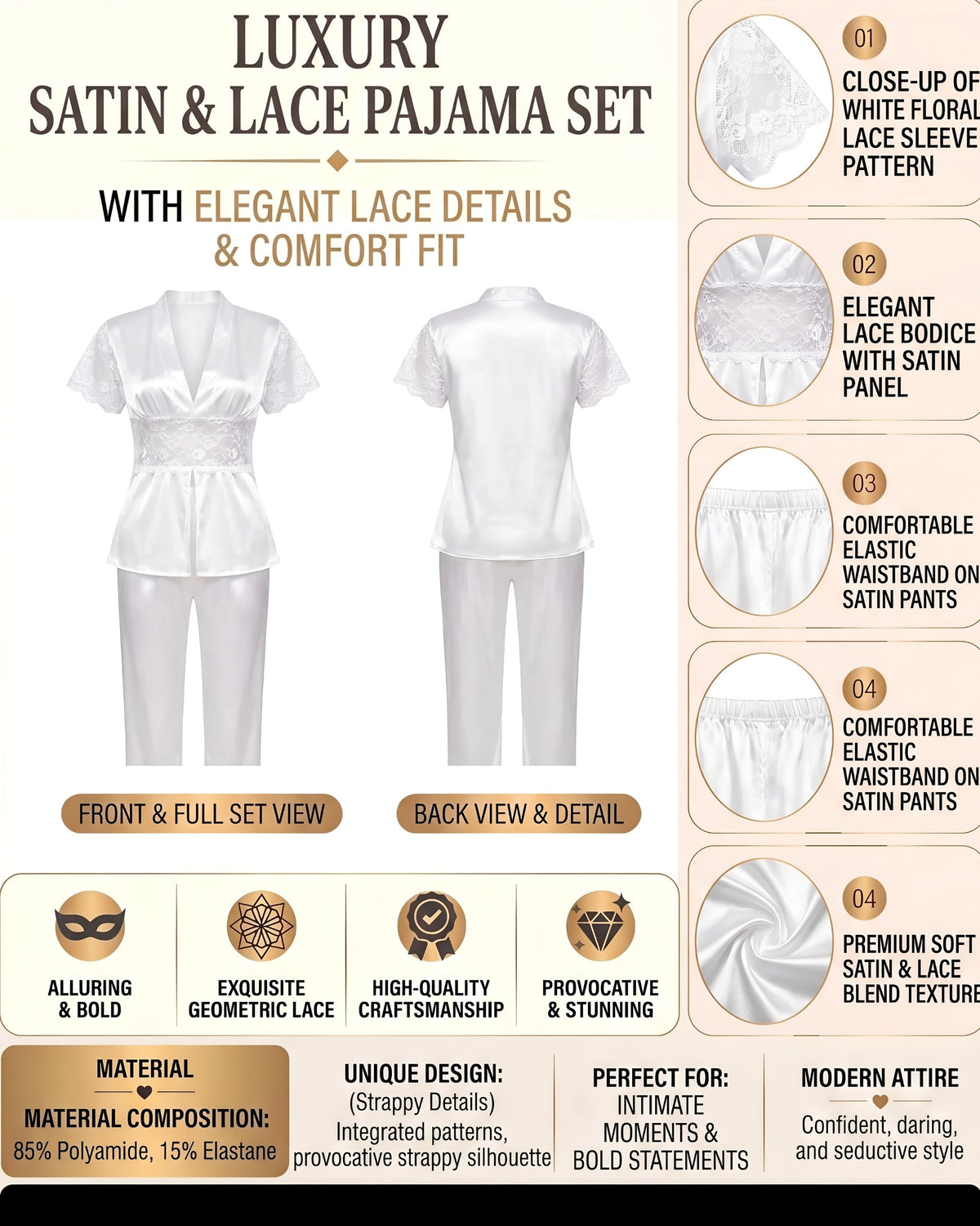 Linsori Pearl Satin Lace Pyjama Set Plus Size -  Product detail view