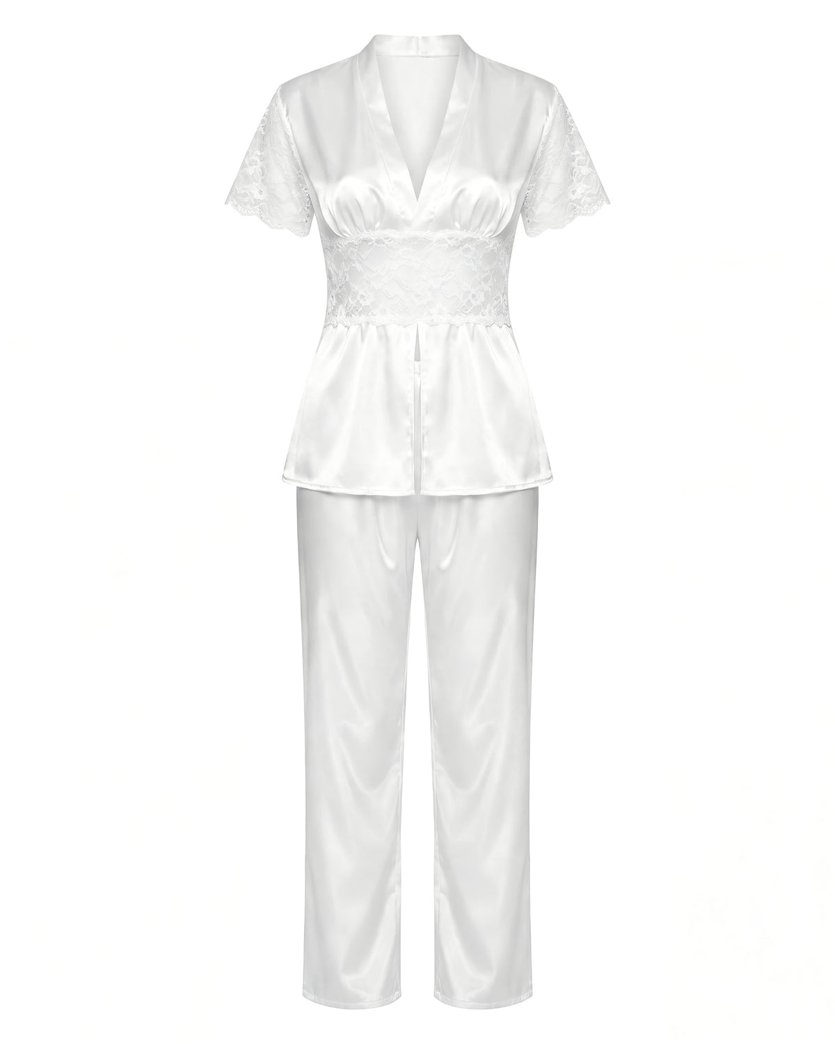 Linsori Pearl Satin Lace Pyjama Set Plus Size - White background view