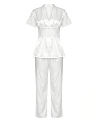 Linsori Pearl Satin Lace Pyjama Set Plus Size - White background view
