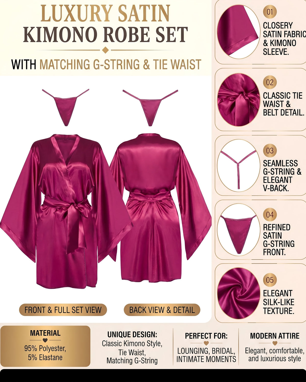 Linsori Bordeaux Satin Peignoir Set -  Product detail view