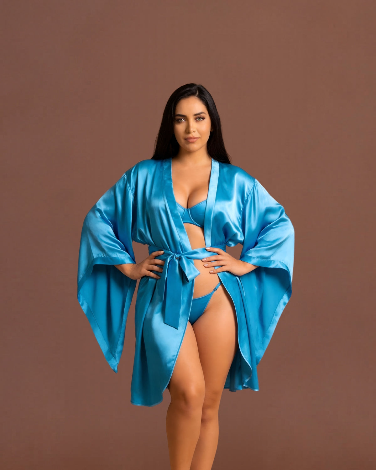 LFront view insori Turquoise Satin Peignoir Collection - 