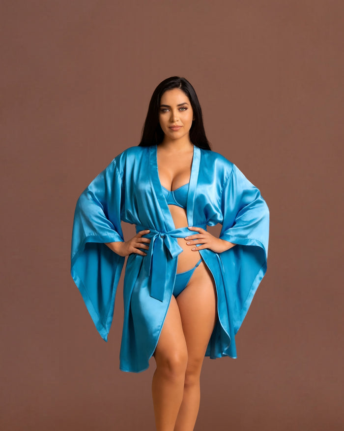 LFront view insori Turquoise Satin Peignoir Collection - 