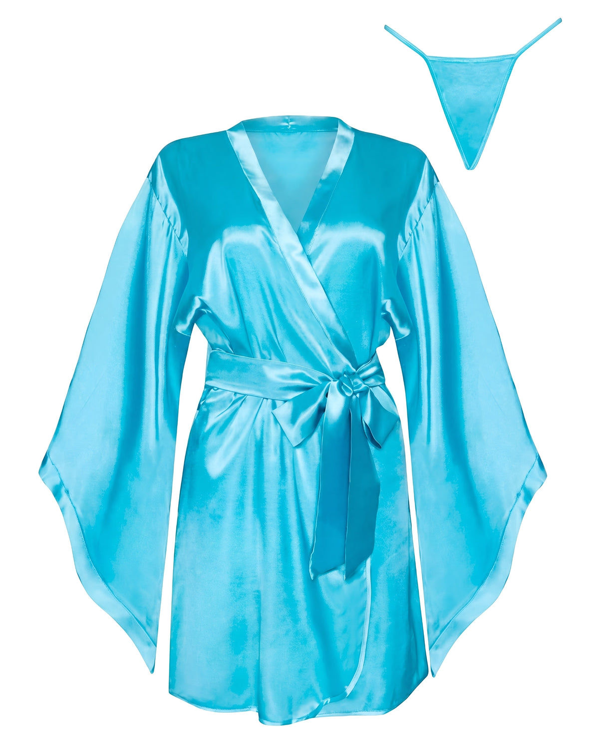 Linsori Turquoise Satin Peignoir Collection - White background view