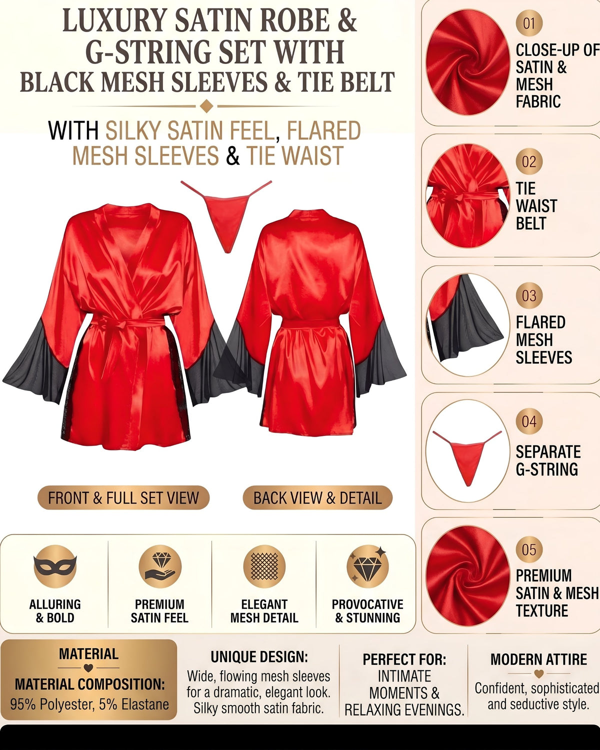 Linsori Crimson Satin Peignoir Collection -  Product detail view