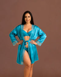 Linsori Turquoise Silk Peignoir Delicate Robe - Front view 