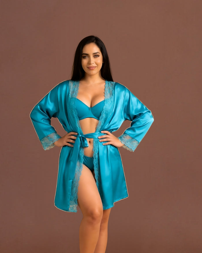 Linsori Turquoise Silk Peignoir Delicate Robe - Front view 