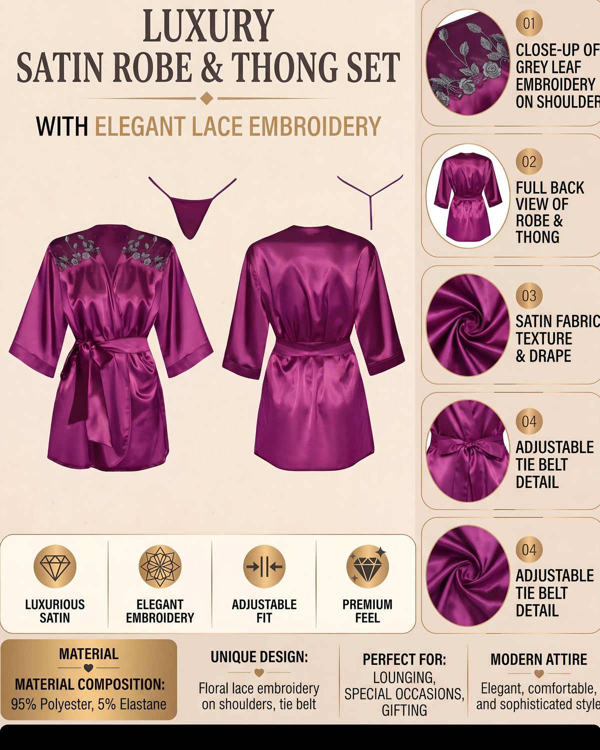 Linsori Bordeaux Silk Peignoir Robe -  Product detail view