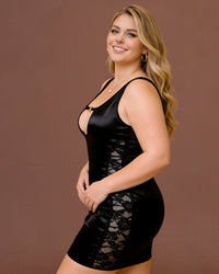 Linsori Noir Wetlook Lace Panel Dress Plus Size -  Left view