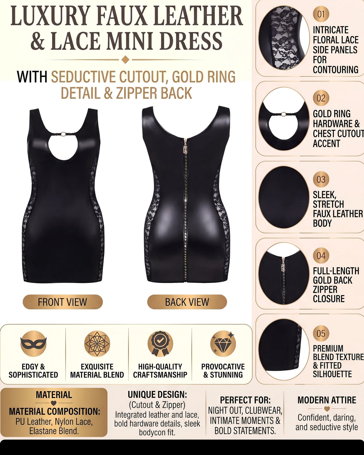 Linsori Noir Wetlook Lace Panel Dress Plus Size -  Product detail view