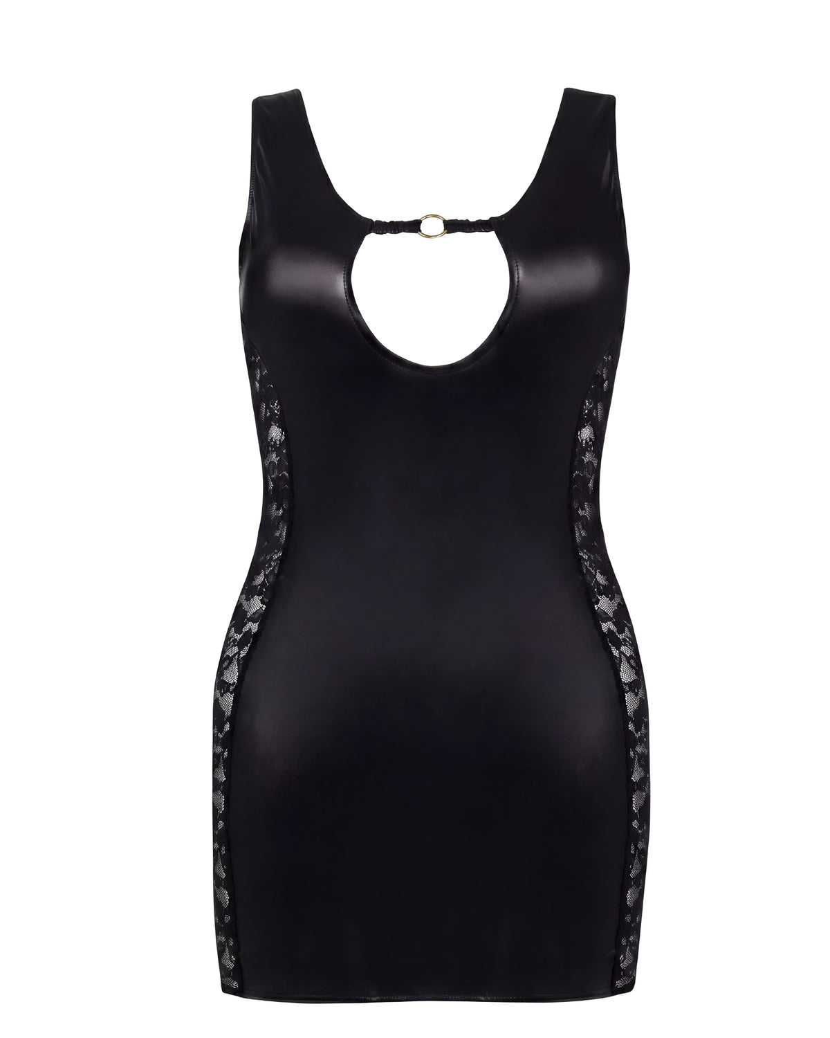 Linsori Noir Wetlook Lace Panel Dress Plus Size - White background view