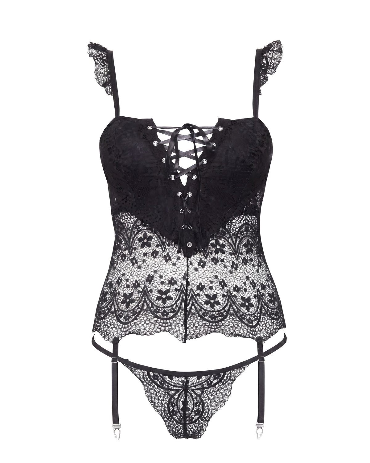 Linsori Noir Satin Lace-Up Corset Set Plus Size - White background view
