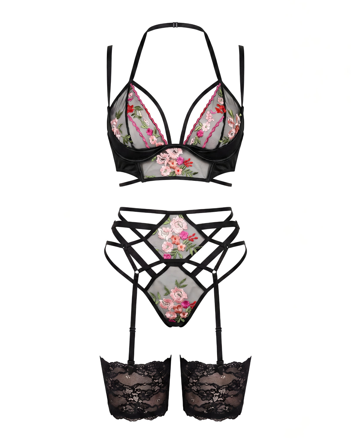 Linsori Obsidian Floral Embroidered Bra Set - White background view