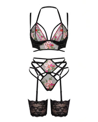 Linsori Obsidian Floral Embroidered Bra Set - White background view