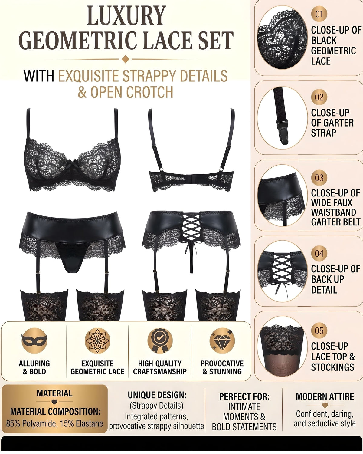 Linsori Noir Wet-Look Floral Lace Set Plus Size -  Product detail view