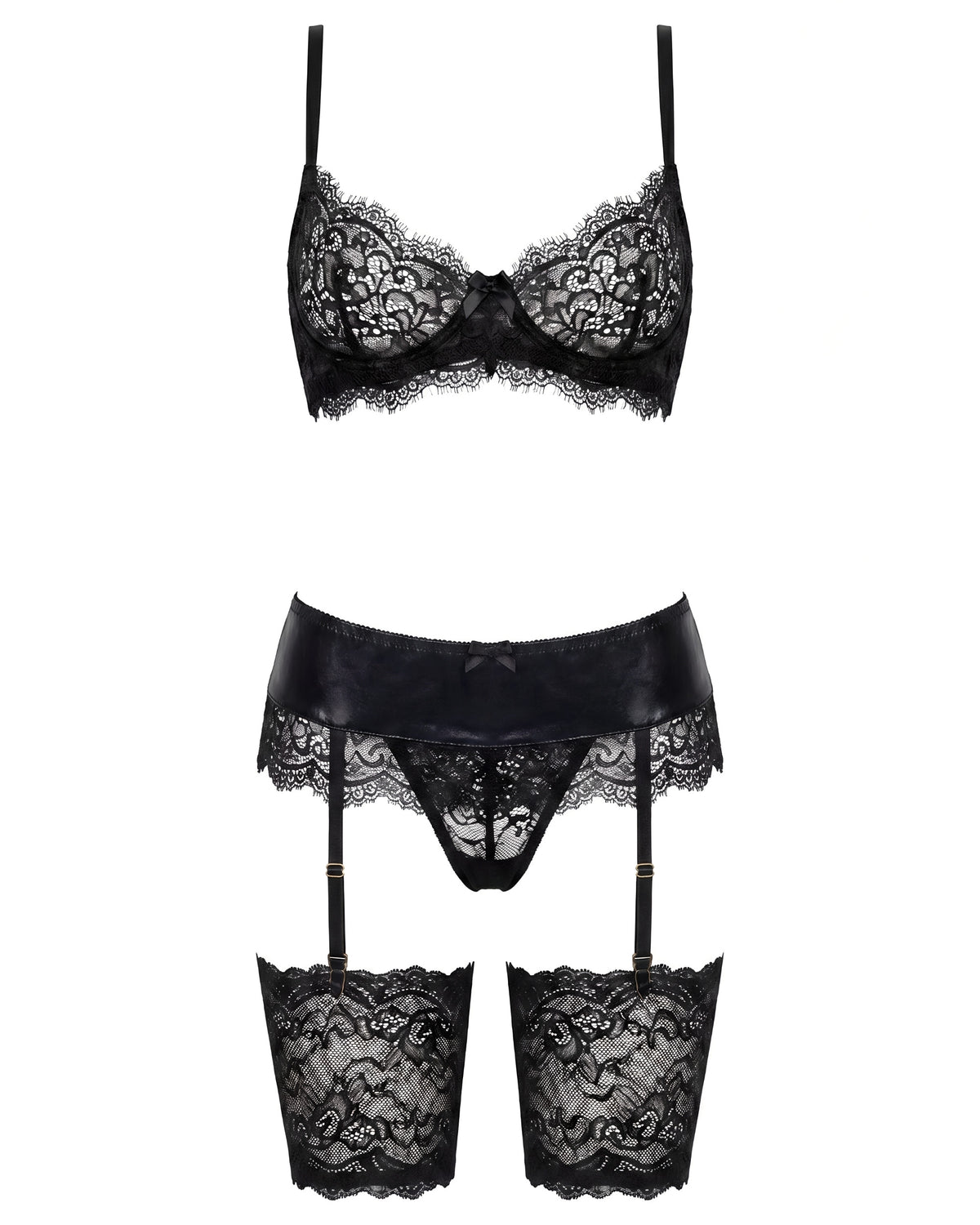 Linsori Noir Wet-Look Floral Lace Set Plus Size - White background view
