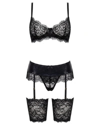 Linsori Noir Wet-Look Floral Lace Set Plus Size - White background view
