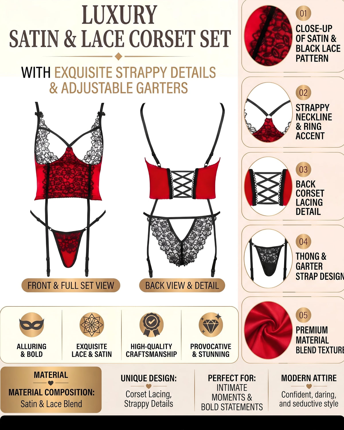 Linsori Scarlet Satin Corset Smooth Satin Set -  Product detail view