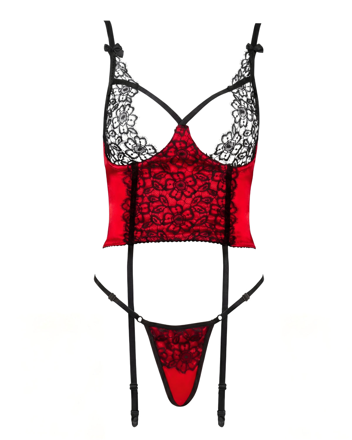 Linsori Scarlet Satin Corset Smooth Satin Set - White background view