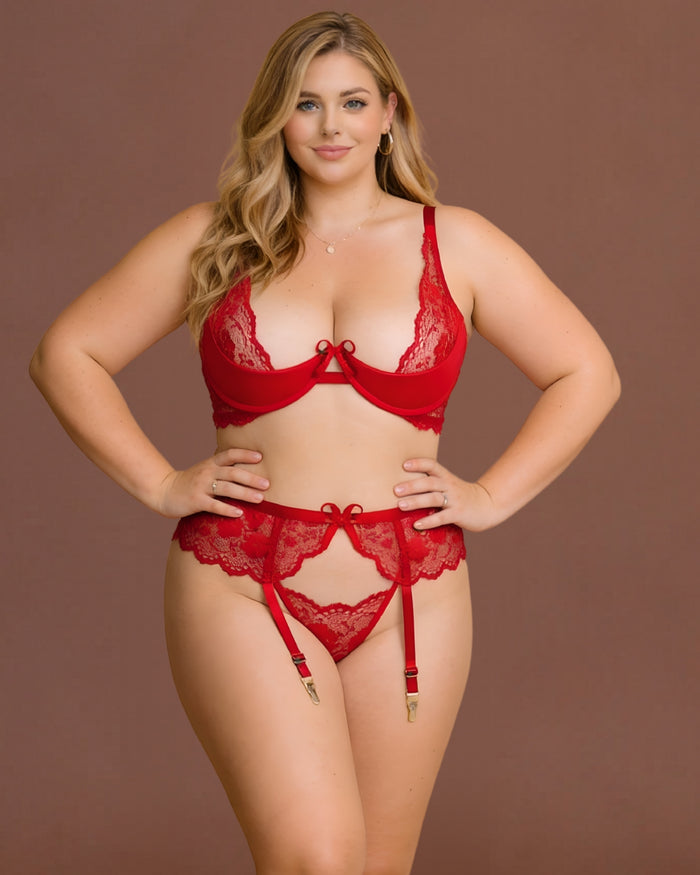 Linsori Scarlet Rose Lace Three-Piece Set Plus Size - Front view 