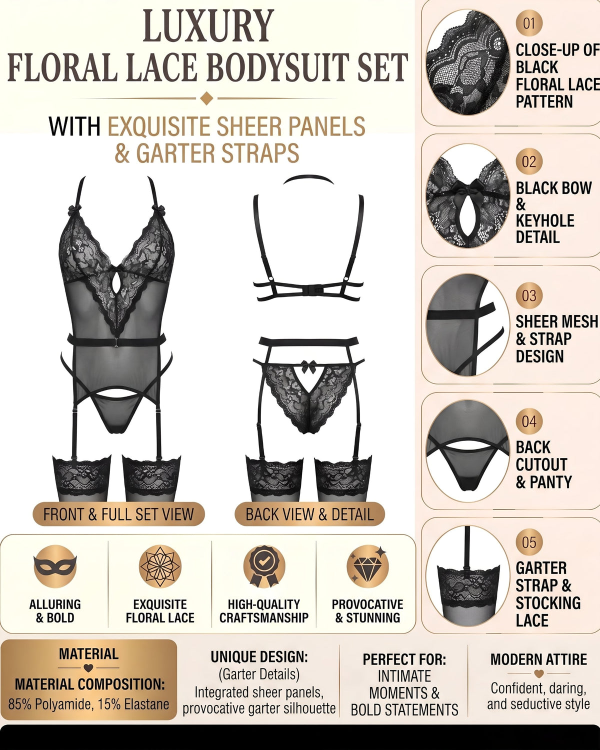 Linsori Noir Copper Lace Lingerie Set Plus Size -  Product detail view