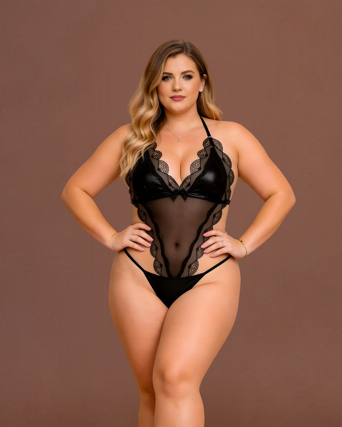 linsori Angie Noir Wet Look Floral Lace Set - Front view 