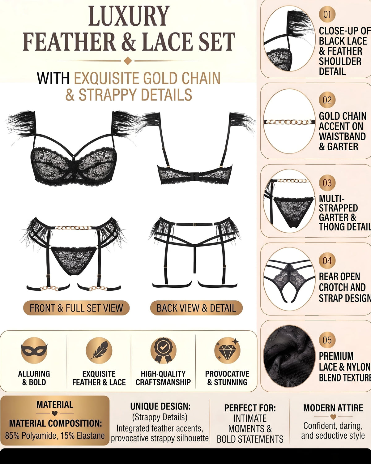 Linsori Obsidian Feather Chain Lingerie Set -  Product detail view