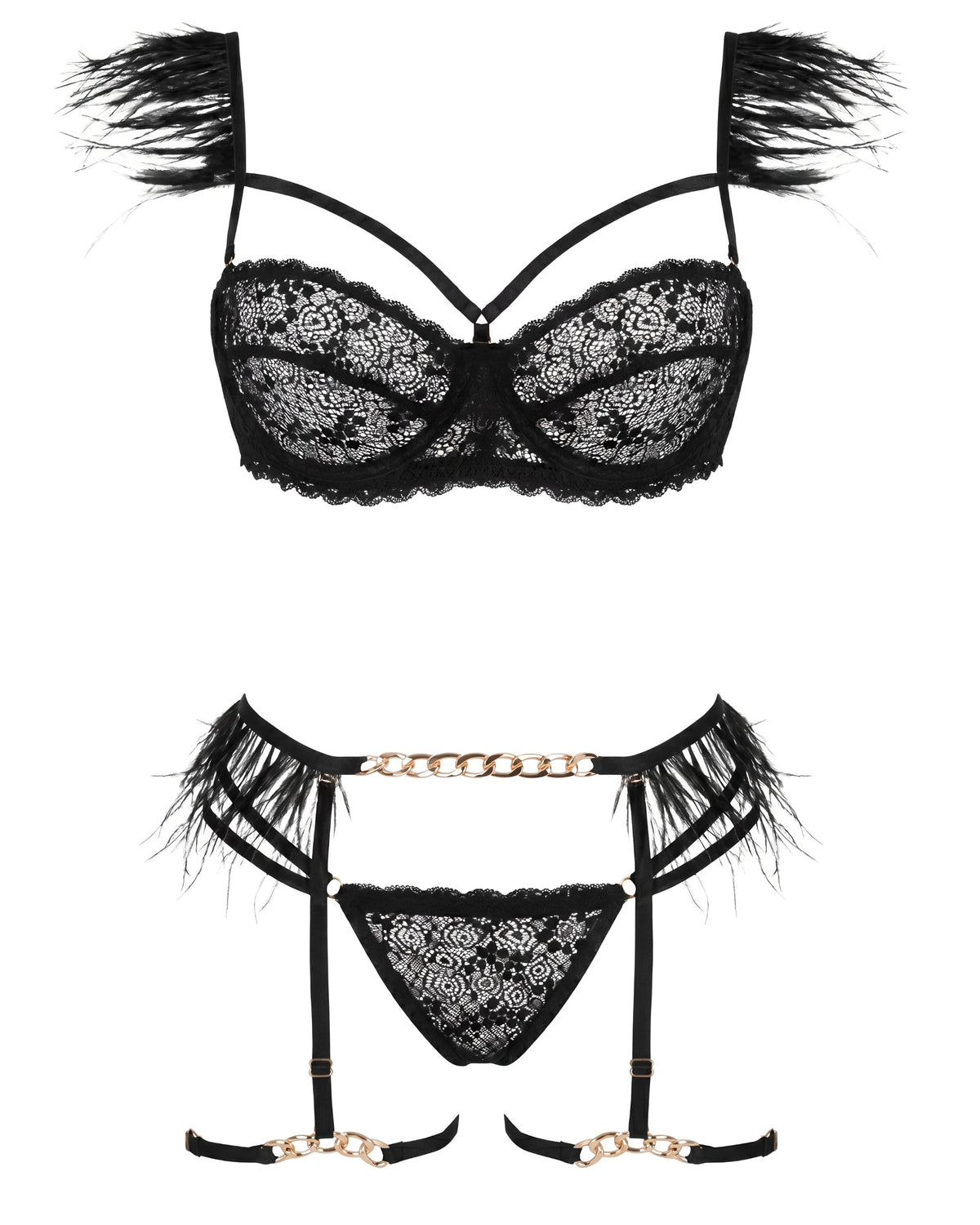 Linsori Obsidian Feather Chain Lingerie Set - White background view