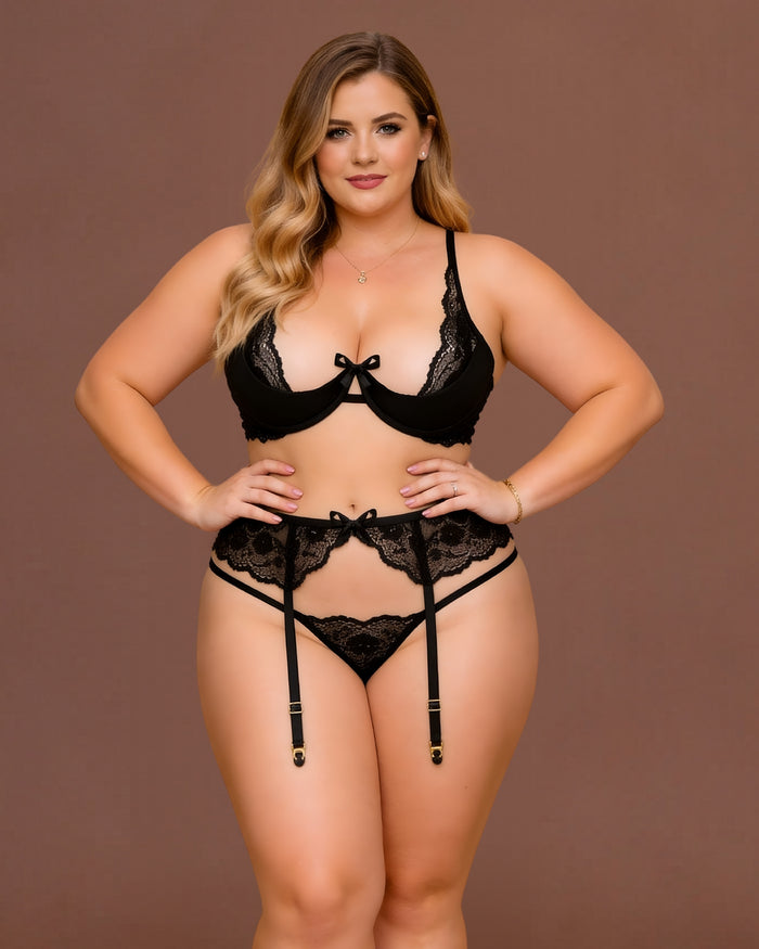 Linsori Noir Rose Lace Three-Piece Set Plus Size - Front view 