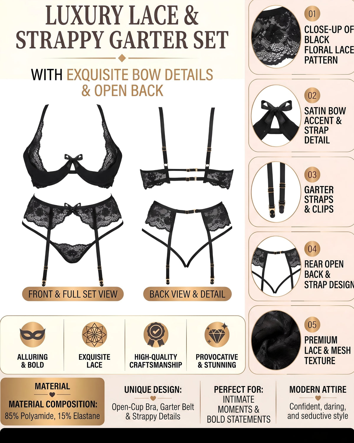 Linsori Noir Rose Lace Three-Piece Set Plus Size -  Product detail view