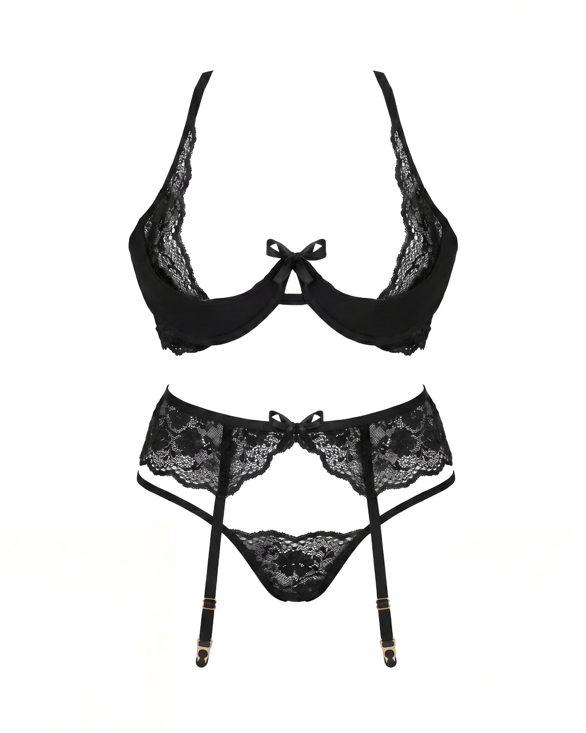 Linsori Noir Rose Lace Three-Piece Set Plus Size - White background view