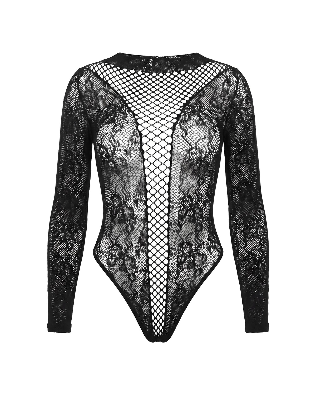 Linsori Noir Floral Fishnet Bodysuit - White background view