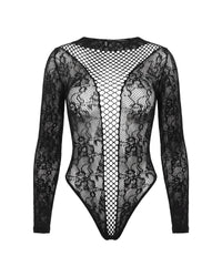 Linsori Noir Floral Fishnet Bodysuit - White background view