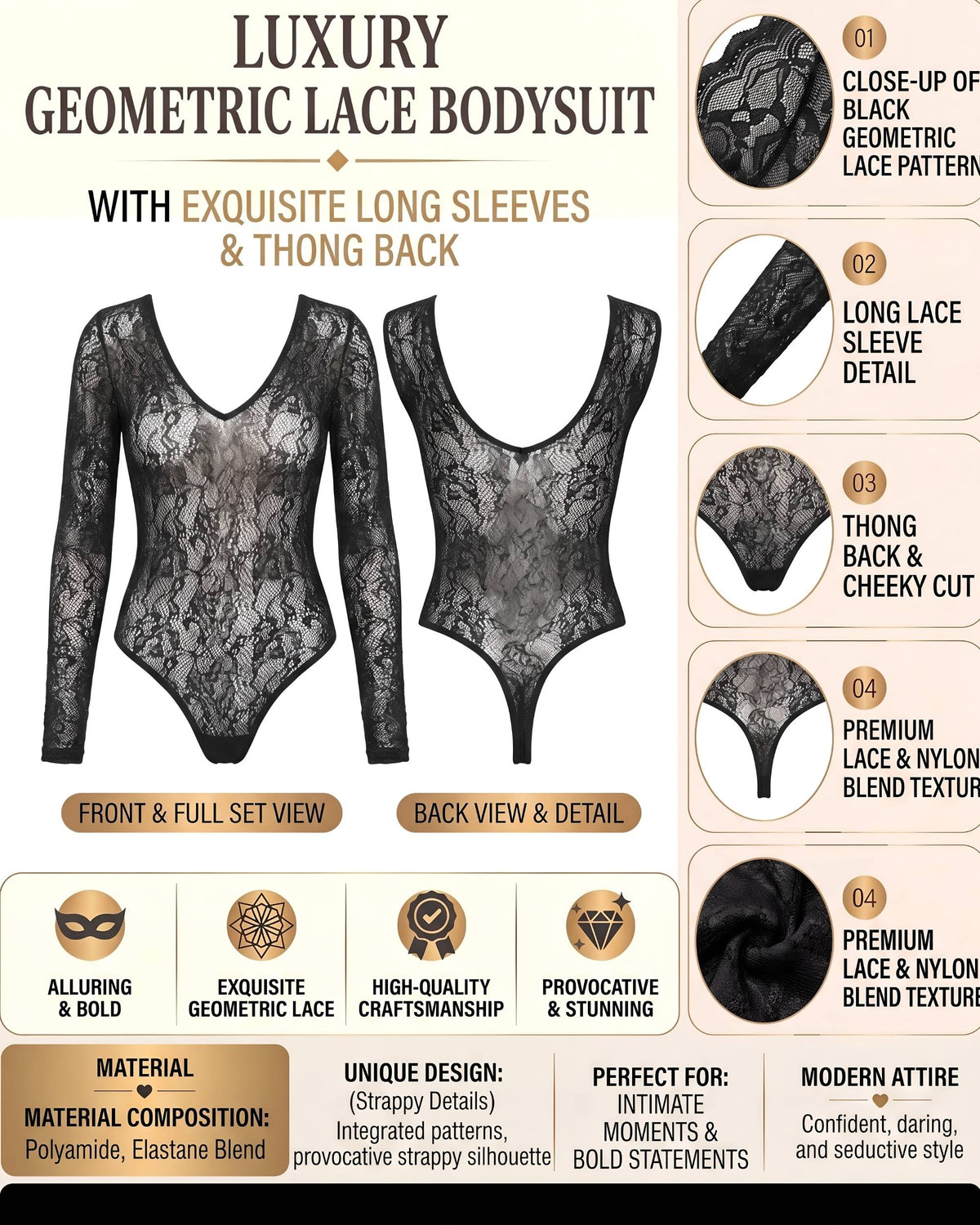 Linsori Noir Floral Fishnet Bodysuit -  Product detail view