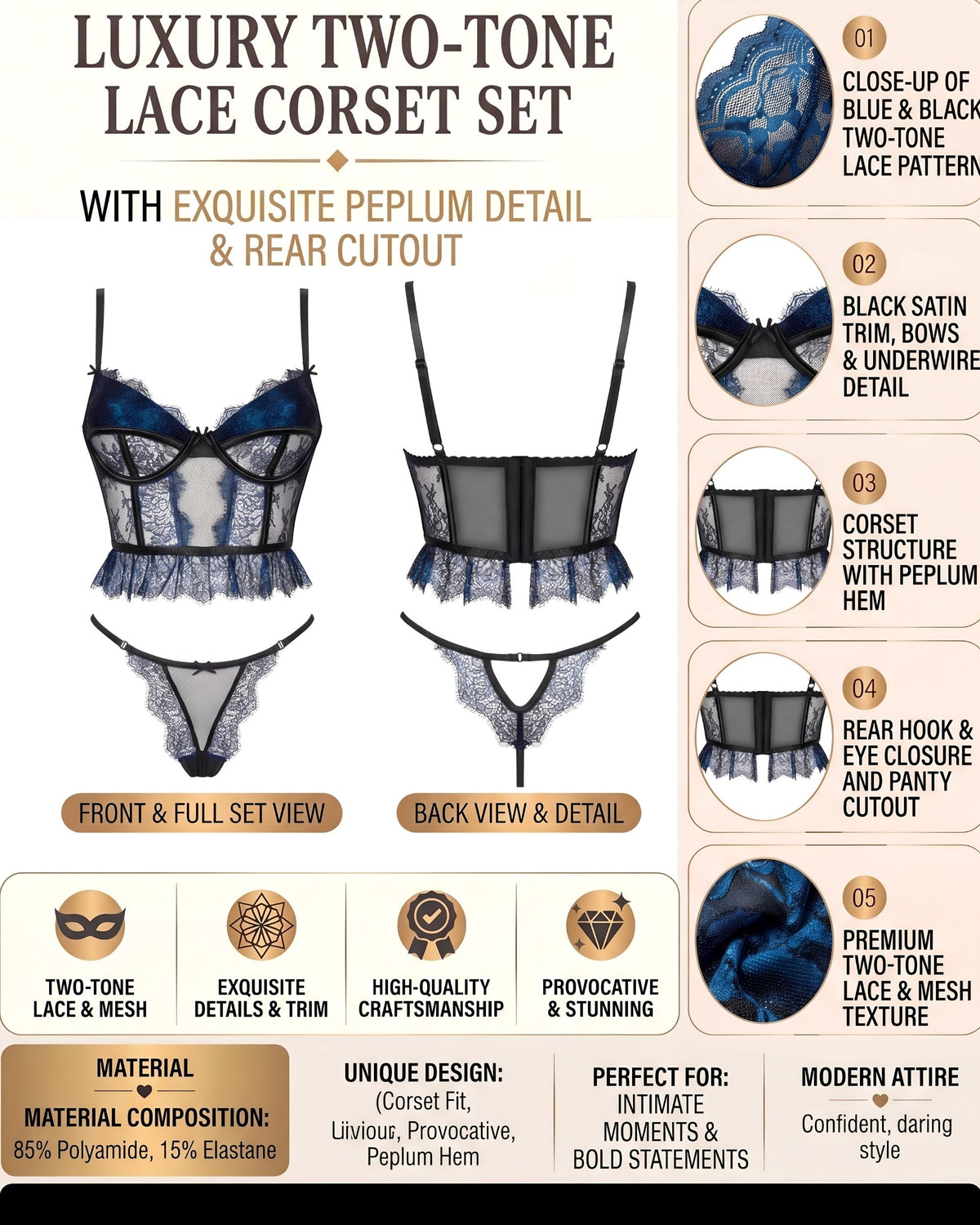 Linsori Sapphire Lace Corset Floral Lace Set -  Product detail view