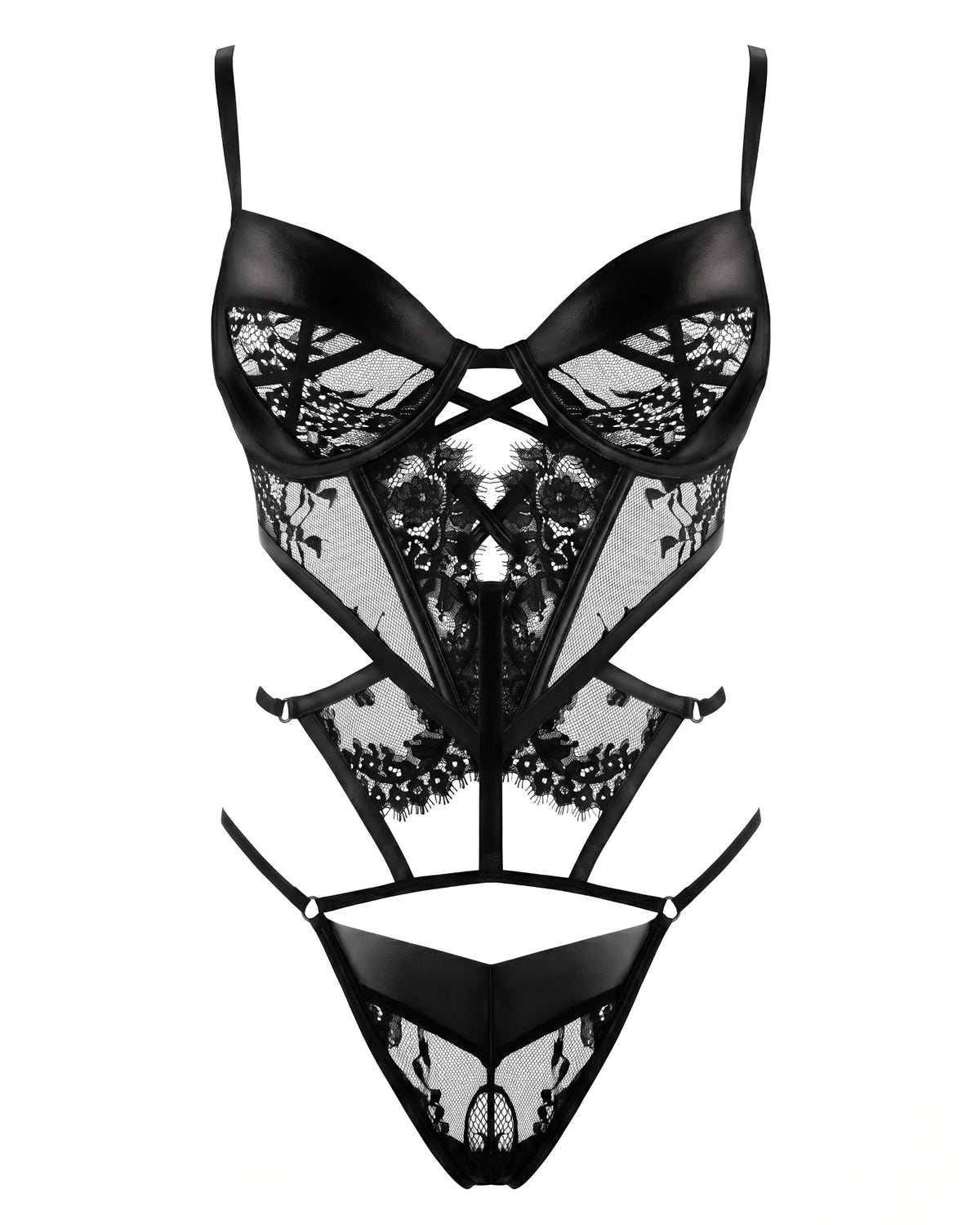 Linsori Noir Lace & Wet-Look Teddy Plus Size - White background view