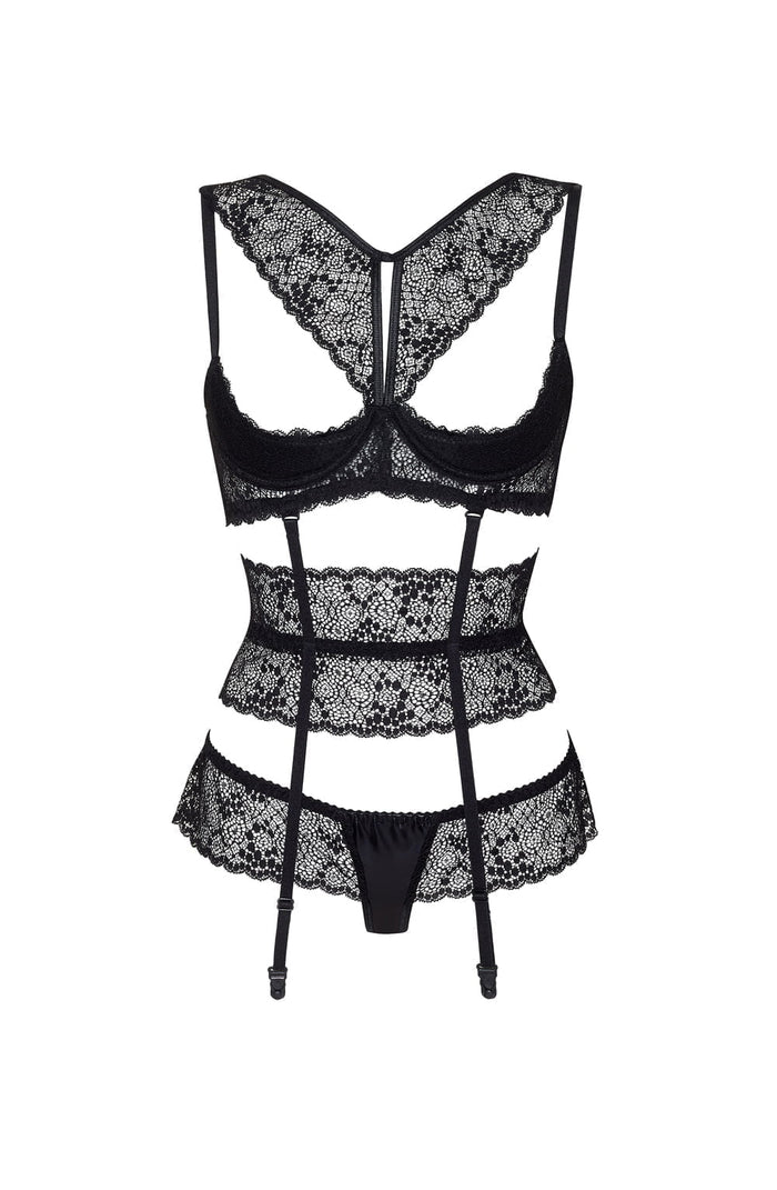 Linsori Noir Open Lace Suspender Set - detail view