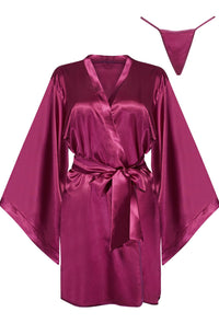 Linsori Bordeaux Satin Peignoir Set - detail view