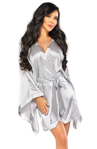 Linsori Silver Satin Flowing Peignoir - front view