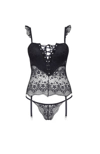 Linsori Noir Satin Lace-Up Corset Set - detail view
