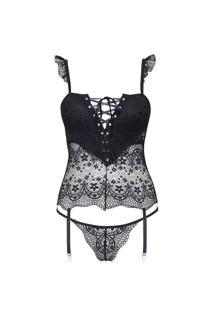 Linsori Noir Satin Lace-Up Corset Set - detail view