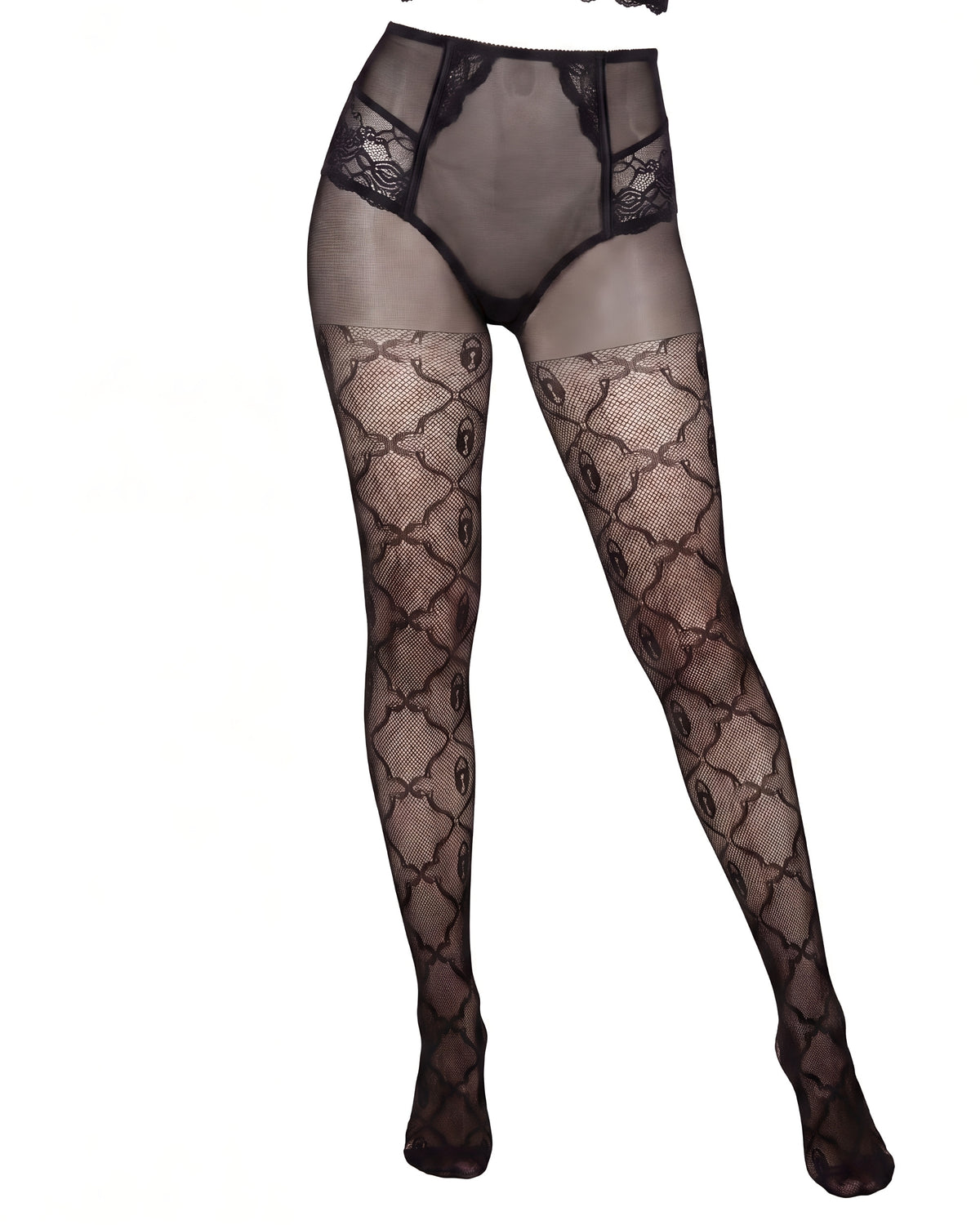 Linsori Obsidian Lurex Crotchless Tights Plus Size - White background view