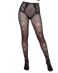 Linsori Obsidian Lurex Crotchless Tights Plus Size - White background view