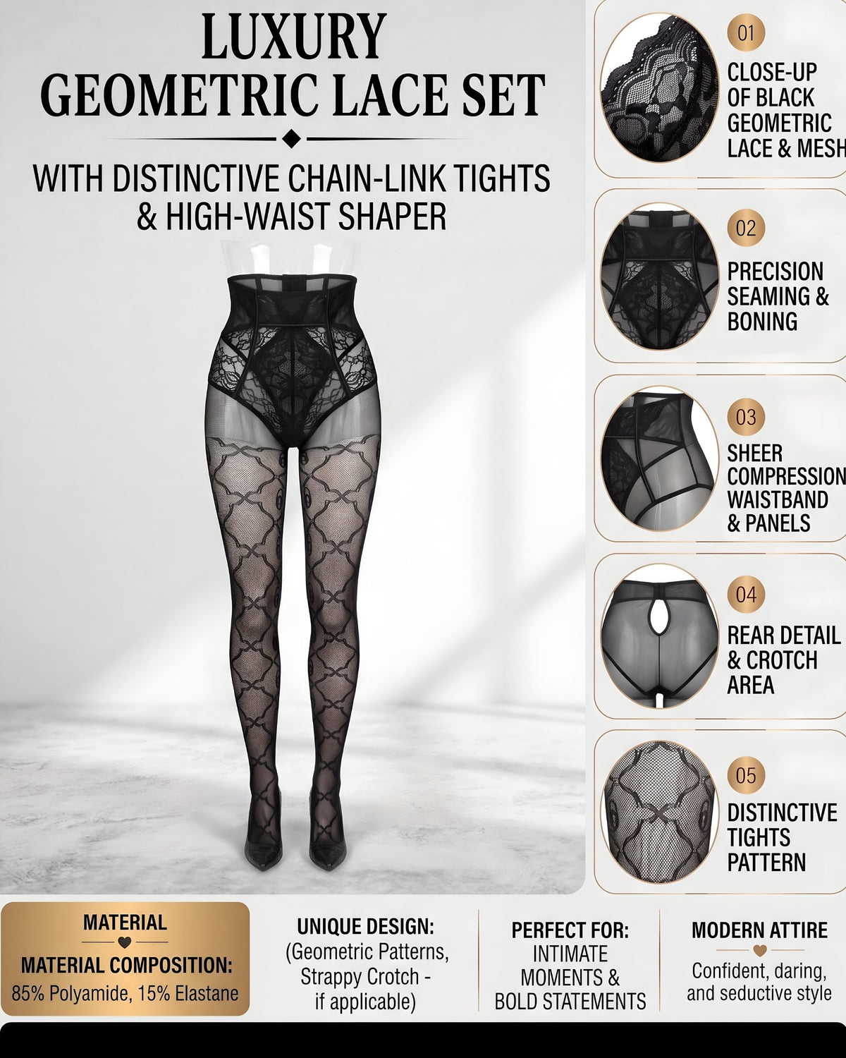 Linsori Obsidian Lurex Crotchless Tights Plus Size -  Product detail view