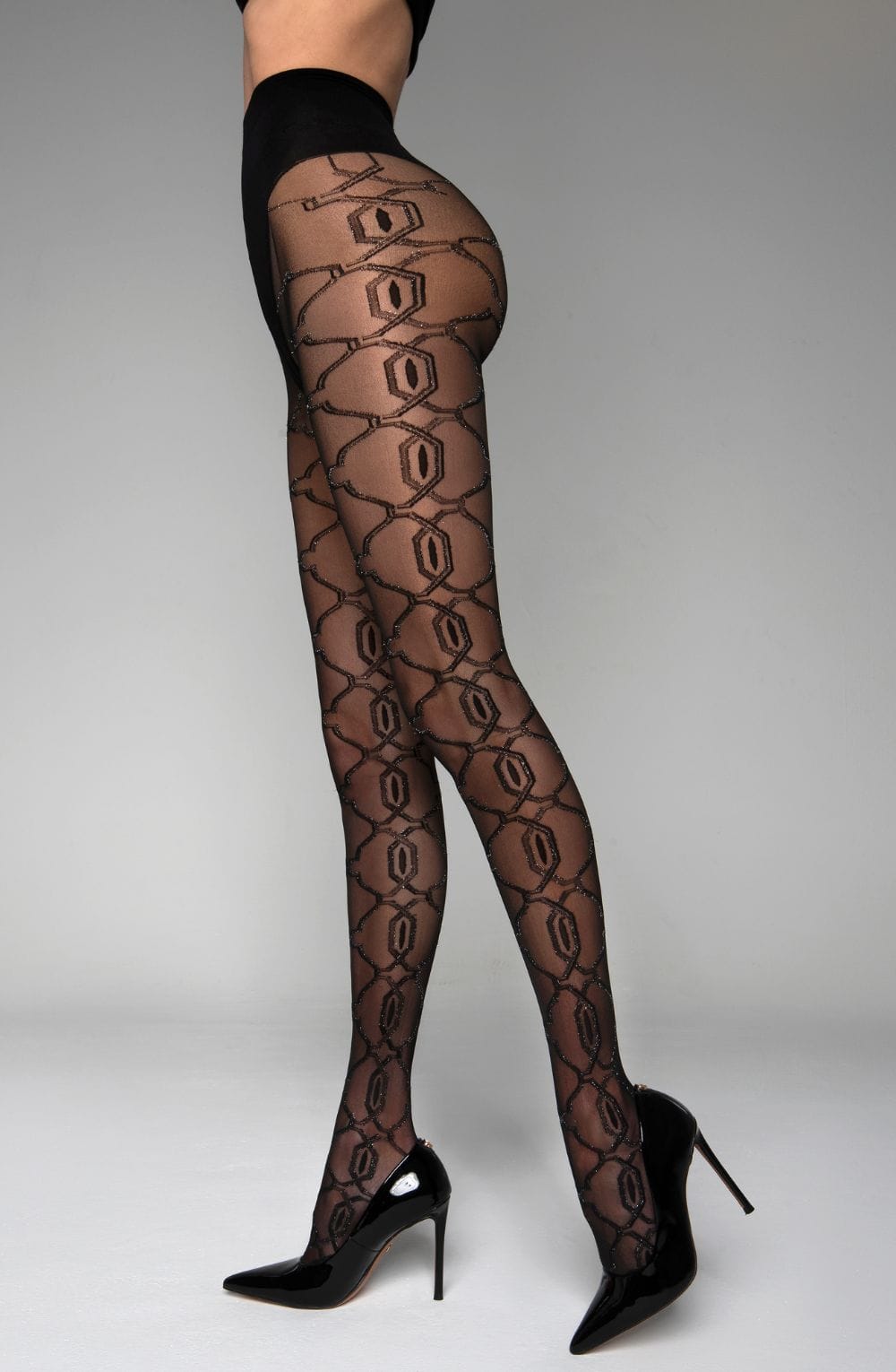 Linsori Obsidian Lurex Crotchless Tights - detail view