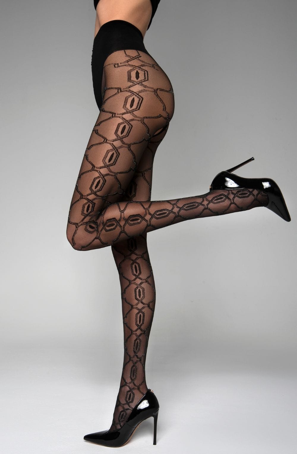 Linsori Obsidian Lurex Crotchless Tights - back view