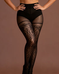 Linsori Obsidian Sheer Lurex Crotchless Tights - Front view 